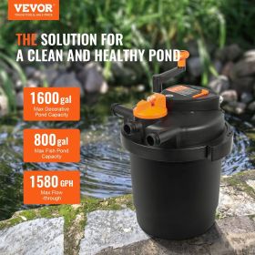 VEVOR Bio Pressure Pond Filter, Up to 1600 Gallons, with 13W UV-C Light, 1580 GPH, Pressurized Biological Pond Filter System Filtration Equipment for