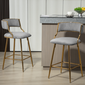 SET OF 2,26 Counter Height Bar Stools Corduroy Kitchen Island Counter Bar Stool With Back,golden Chromed Base And Footrest (Color: grey)